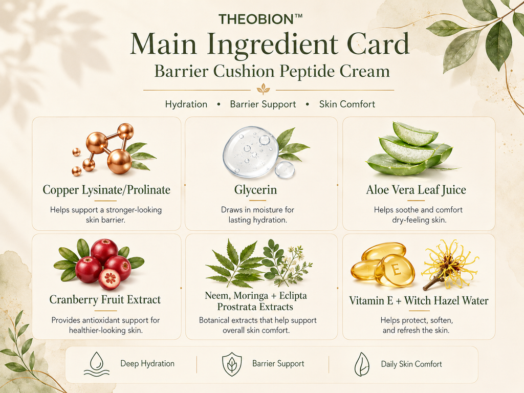 A digital infographic card titled 'Theobion Main Ingredient Card' detailing the barrier cushion peptide cream. The card features a grid of six ingredient illustrations with text descriptions: Copper Lysinate/Prolinate, Glycerin, Aloe Vera Leaf Juice, Cranberry Fruit Extract, Neem + Moringa + Eclipta Prosta Extracts, and Vitamin E + Witch Hazel Water.