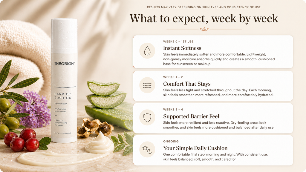 TheBionion Barrier Cream bottle shown on a styled beige background with skincare props, alongside a text panel titled 'What to expect, week by week' describing product benefits over time.