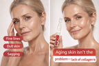 Woman showing signs of aging with text on left, holding a skincare product with text on right.