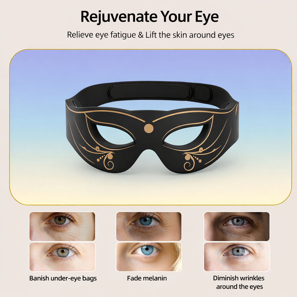 Black eye mask with gold accents on a gradient background, featuring text and before-and-after images of eyes.
