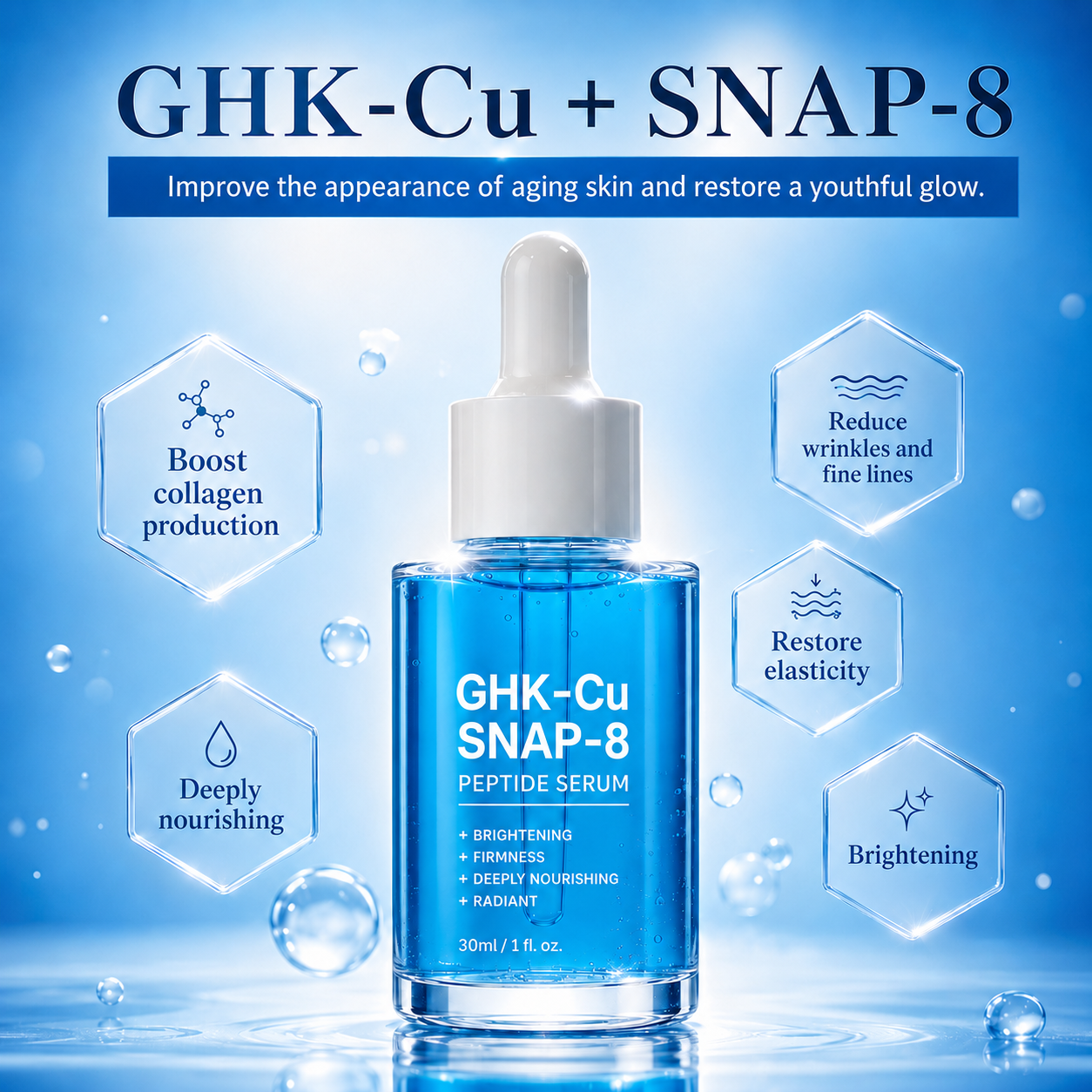 GHK-Cu SNAP-8 peptide serum bottle with dropper on a blue background