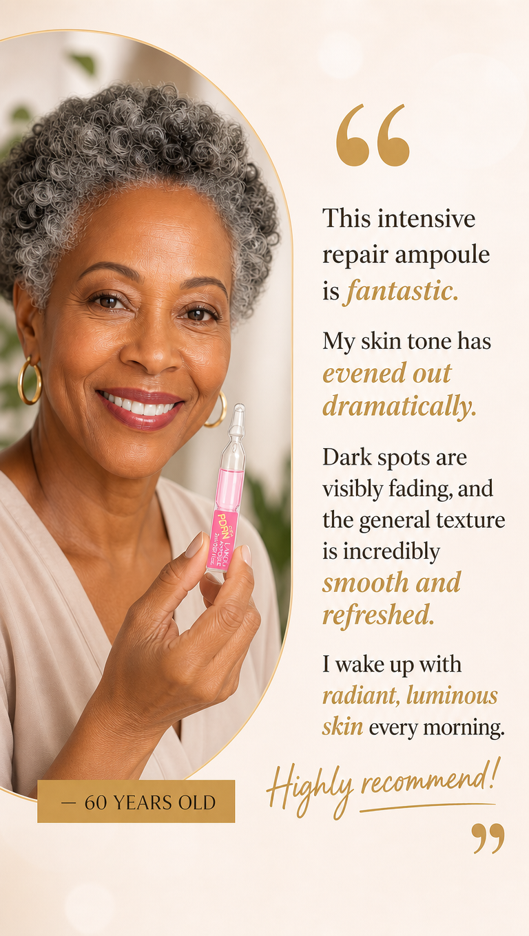 Woman holding a pink bottle with customer testimonial text about skin improvement and product recommendation.