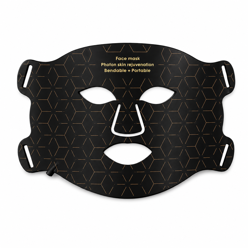 Black face mask with geometric pattern on a white background