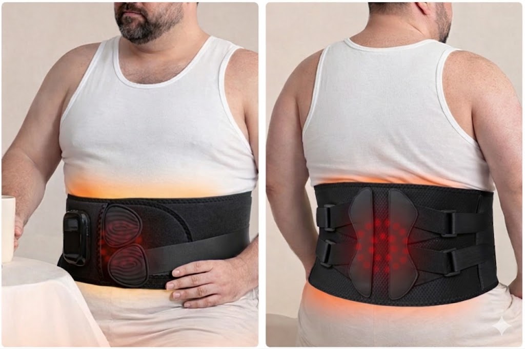 Person wearing a black back brace with glowing red lights on a beige background