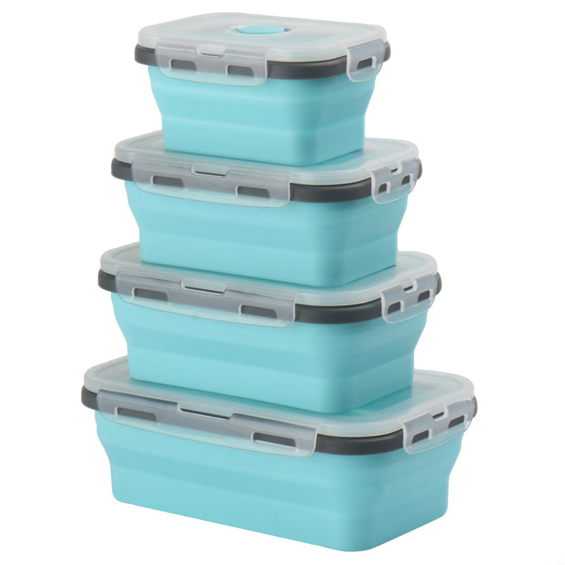 Set of four turquoise silicone storage containers with gray lids on a white background