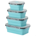 Set of four turquoise silicone storage containers with gray lids on a white background