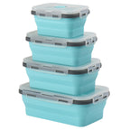 Set of four turquoise silicone storage containers with gray lids on a white background