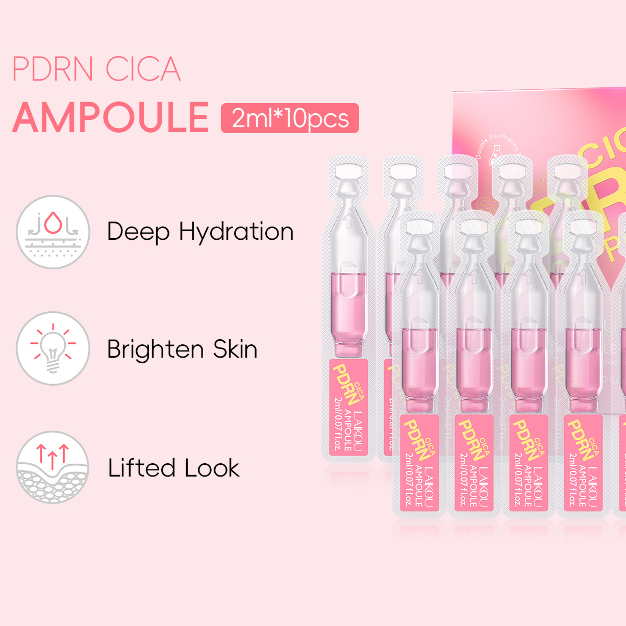 PDRN CICA AMPOULE packaging with product details on a pink background