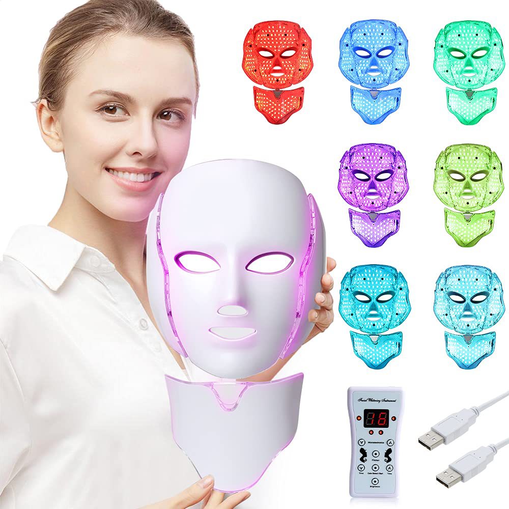 Woman holding a LED face mask with various color options displayed above her.