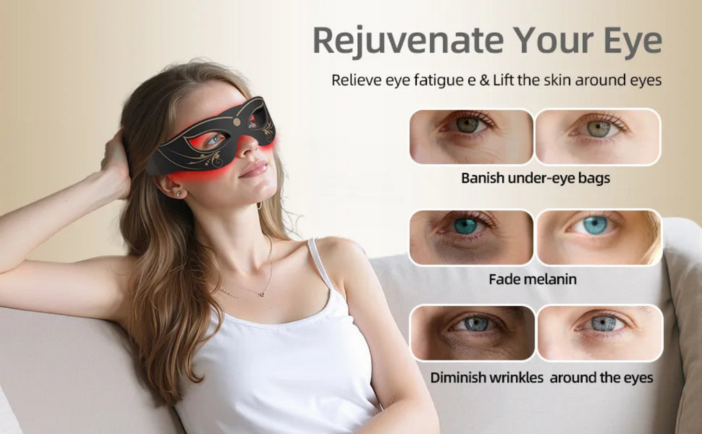 Woman wearing an eye mask with text about eye care benefits on a beige background