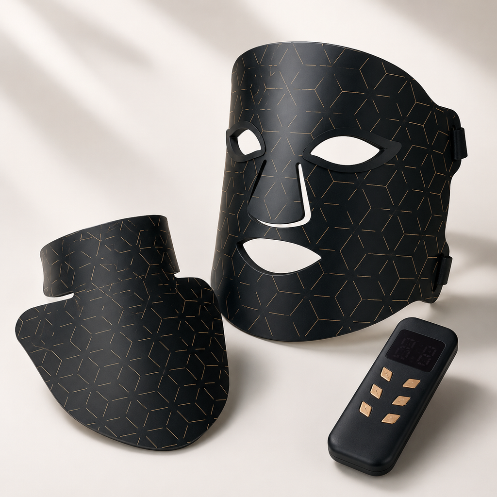 Black facial mask with geometric pattern and remote control on a light background