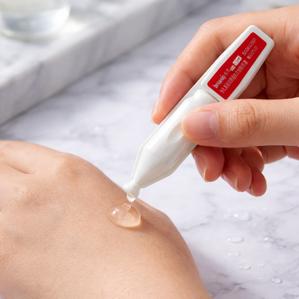 Person applying a white cream to their shoulder with a red and white applicator.