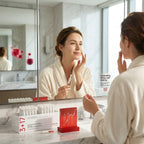 Woman applying skincare product in front of a mirror with skincare packaging on the counter.