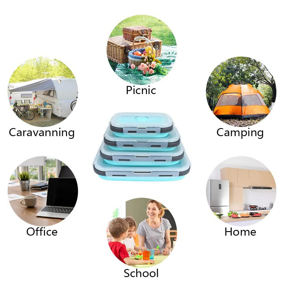 Collapsible table shown in various settings including picnic, camping, caravanning, office, home, and school.