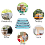 Collapsible table shown in various settings including picnic, camping, caravanning, office, home, and school.