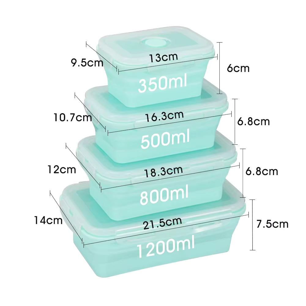 Set of four turquoise silicone containers with measurements on a white background