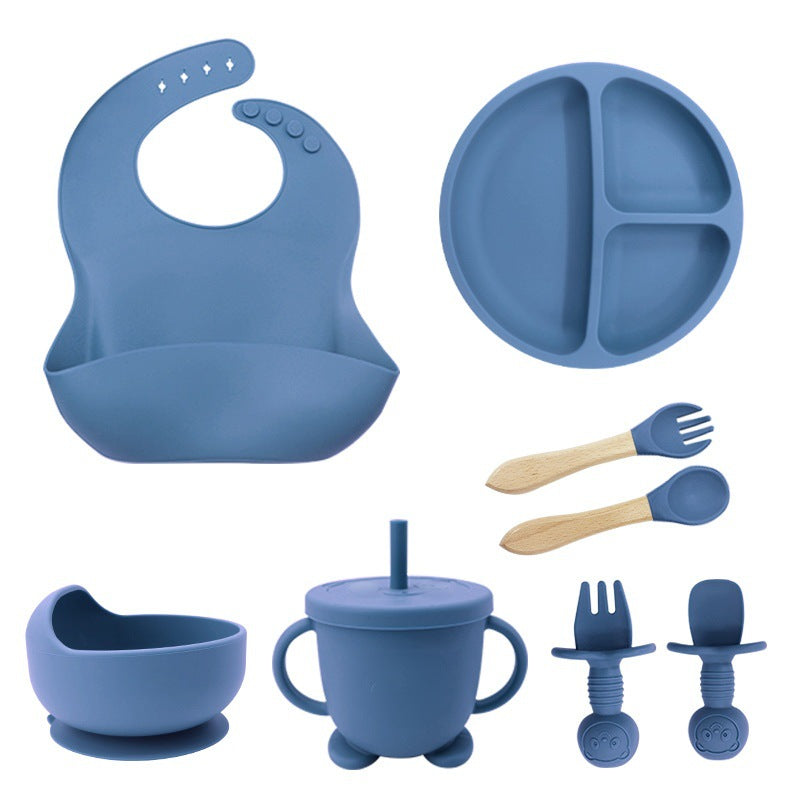 Baby Feeding Set - 8-Piece Silicone Suction Plate, Bowl, Utensils & Bib
