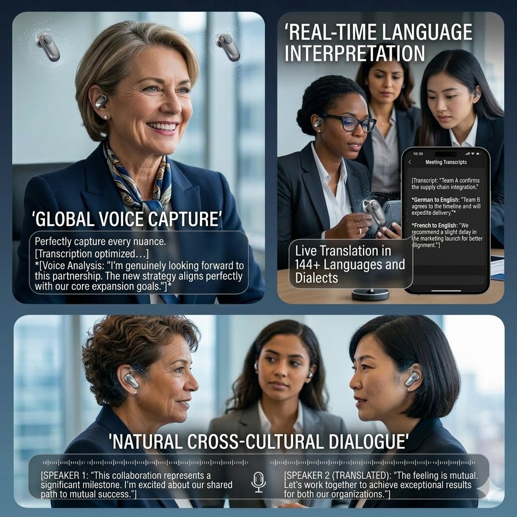 Collage of people using real-time language interpretation technology with text on global voice capture and cross-cultural dialogue.