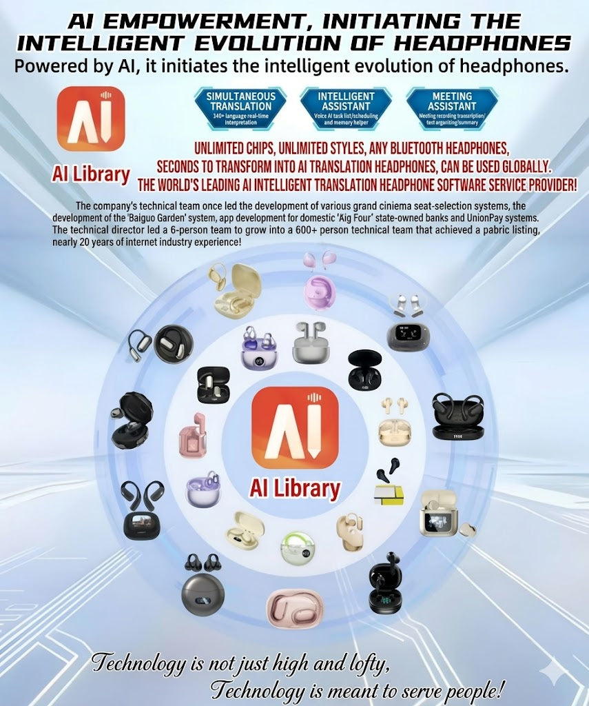Advertisement for AI-powered headphones with various icons and text on a blue background