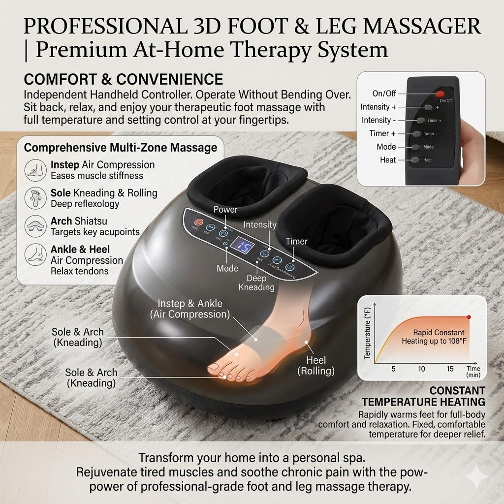 Professional 3D foot and leg massager with remote control on a textured surface