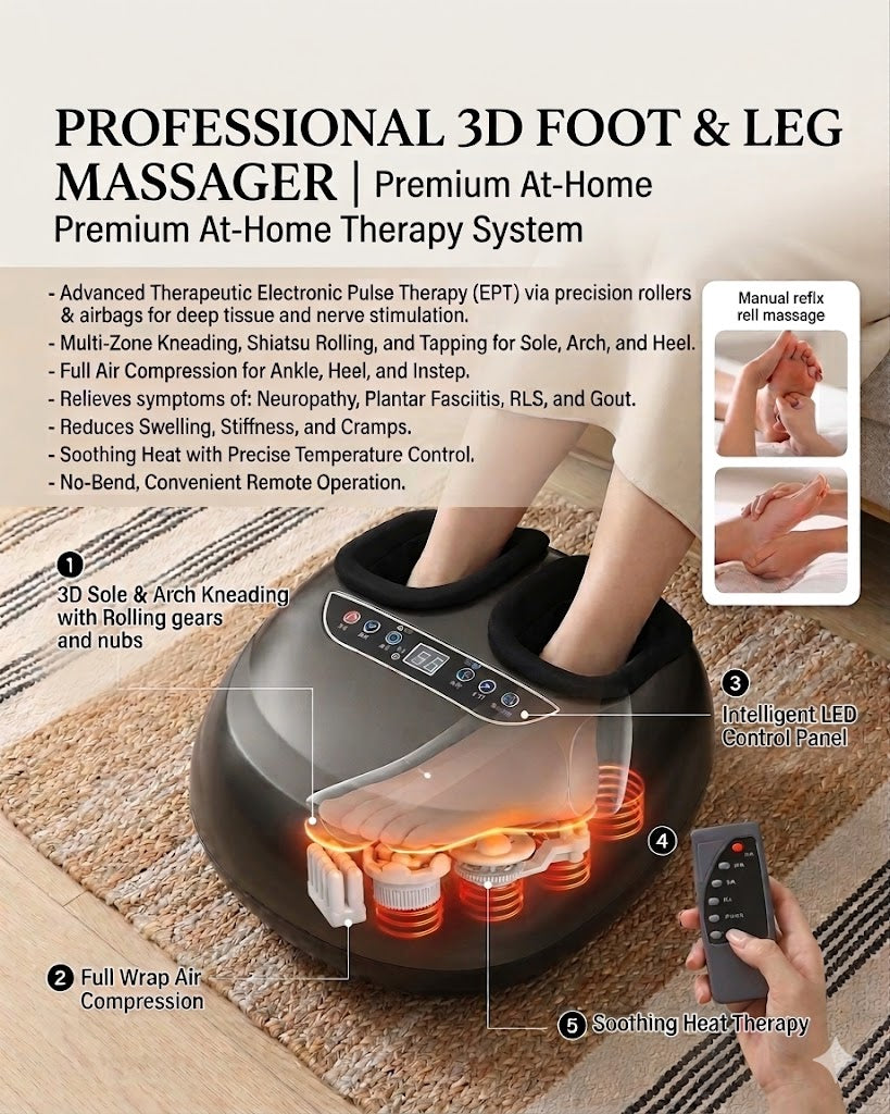 Professional 3D foot and leg massager with remote control on a wooden floor.