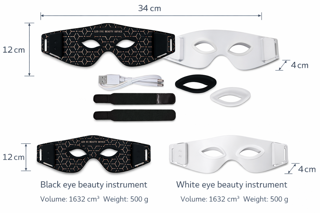 Black and white eye beauty instruments with measurements and specifications on a white background