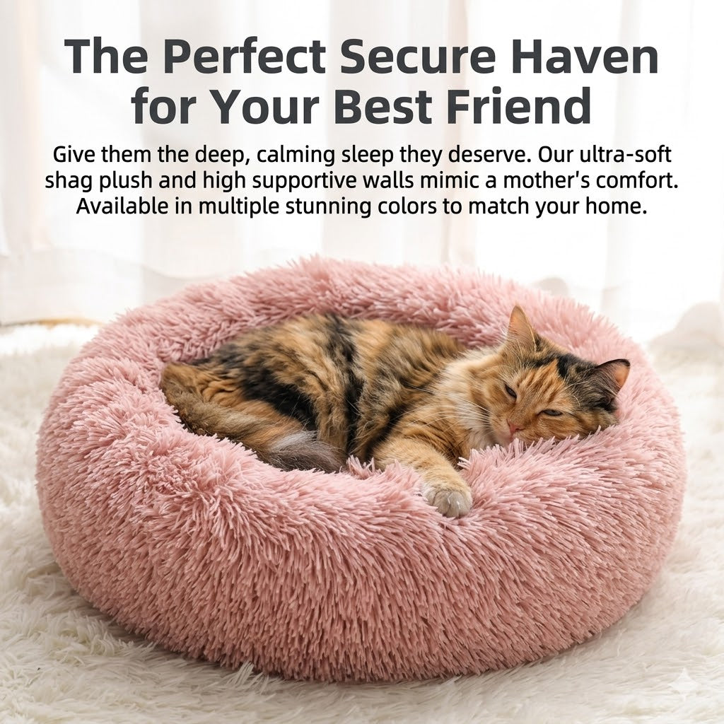 Cat lying on a plush pink pet bed with text describing its features.