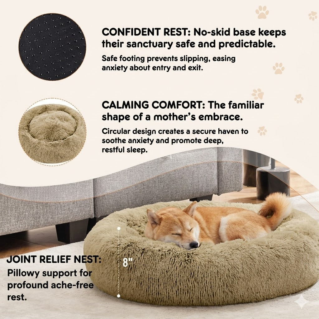 Pet bed with a dog sleeping on it, surrounded by text describing its features.