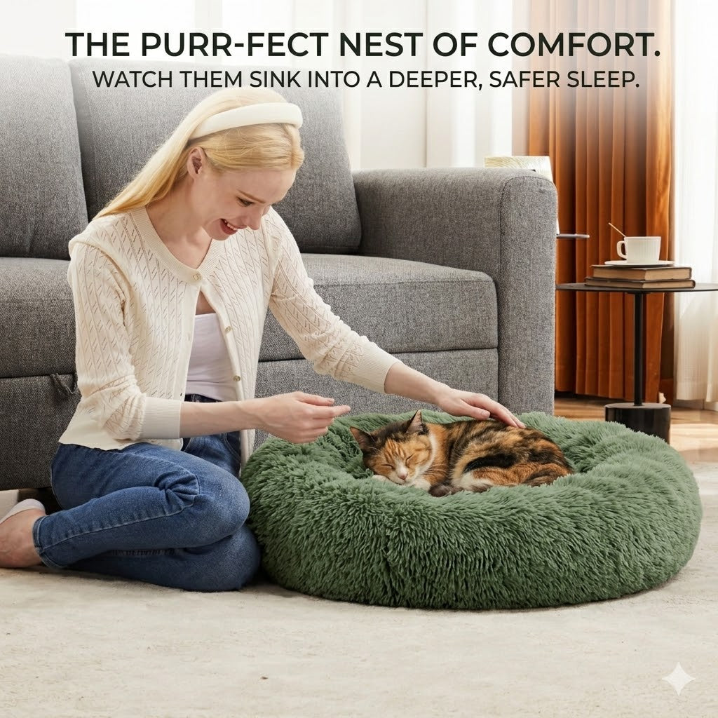 Woman petting a cat on a green pet bed with text about comfort.