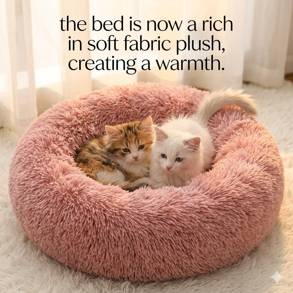 Two kittens in a fluffy pink pet bed with text about soft fabric plush.