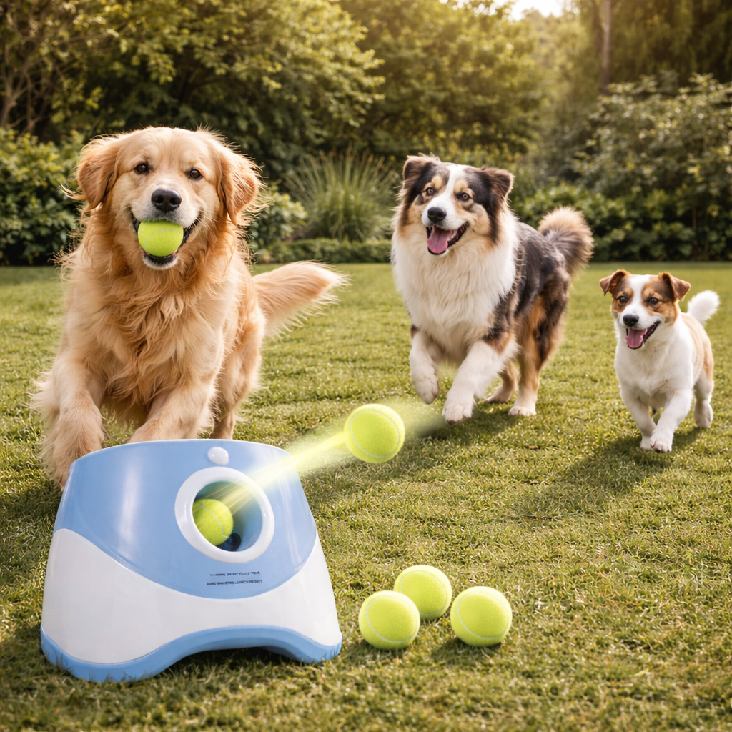Three dogs playing with a ball launcher on grass