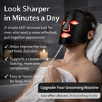 Person using an LED skincare mask with text about its benefits and features.