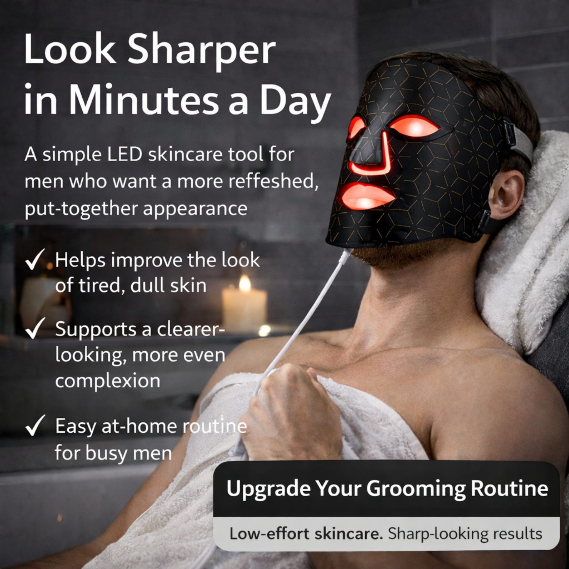 Person using an LED skincare mask with text about its benefits and features.