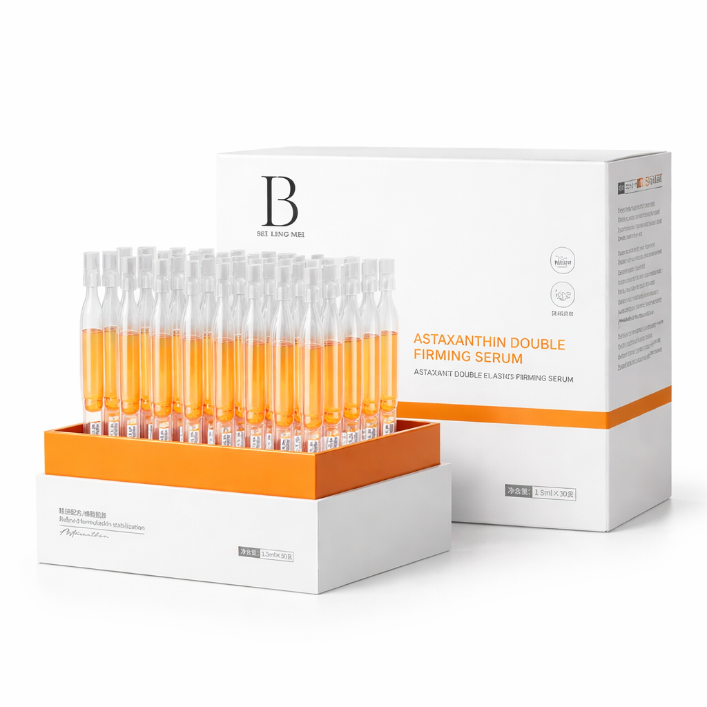 Box of Astaxanthin Double Firming Serum with multiple vials on a white background