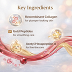 Key ingredients of a skincare product including recombinant collagen, gold peptides, and acetyl hexapeptide-8 on a soft background.