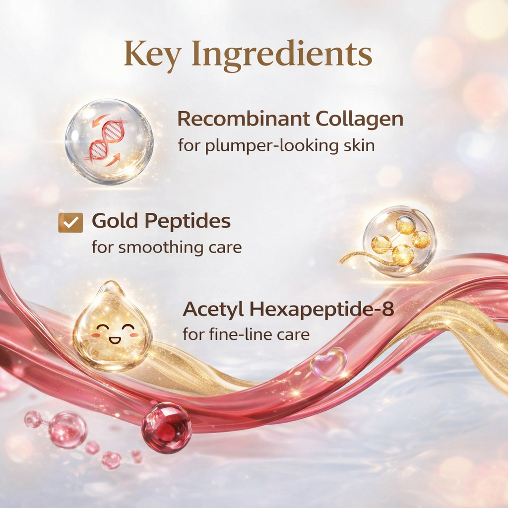 Key ingredients of a skincare product including recombinant collagen, gold peptides, and acetyl hexapeptide-8 on a soft background.