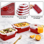 Red and white silicone food containers with sealing plug design on a marble surface.