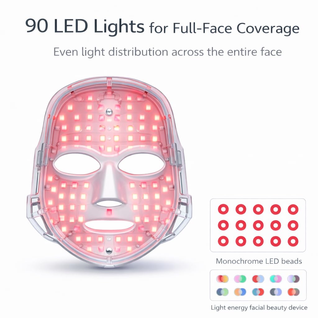 LED face mask with 90 LED lights for full-face coverage on a white background