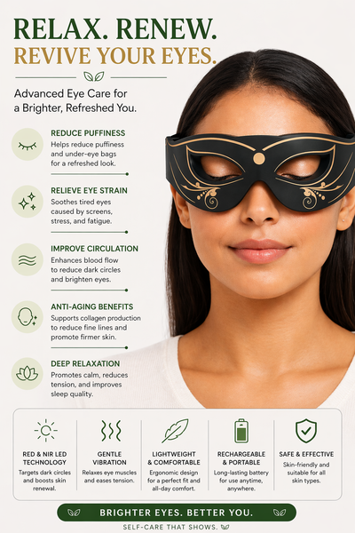 Woman wearing an eye mask with product features listed above her eyes.