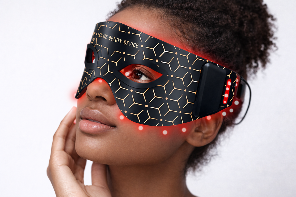 Woman wearing a black LED face mask with geometric pattern on a white background