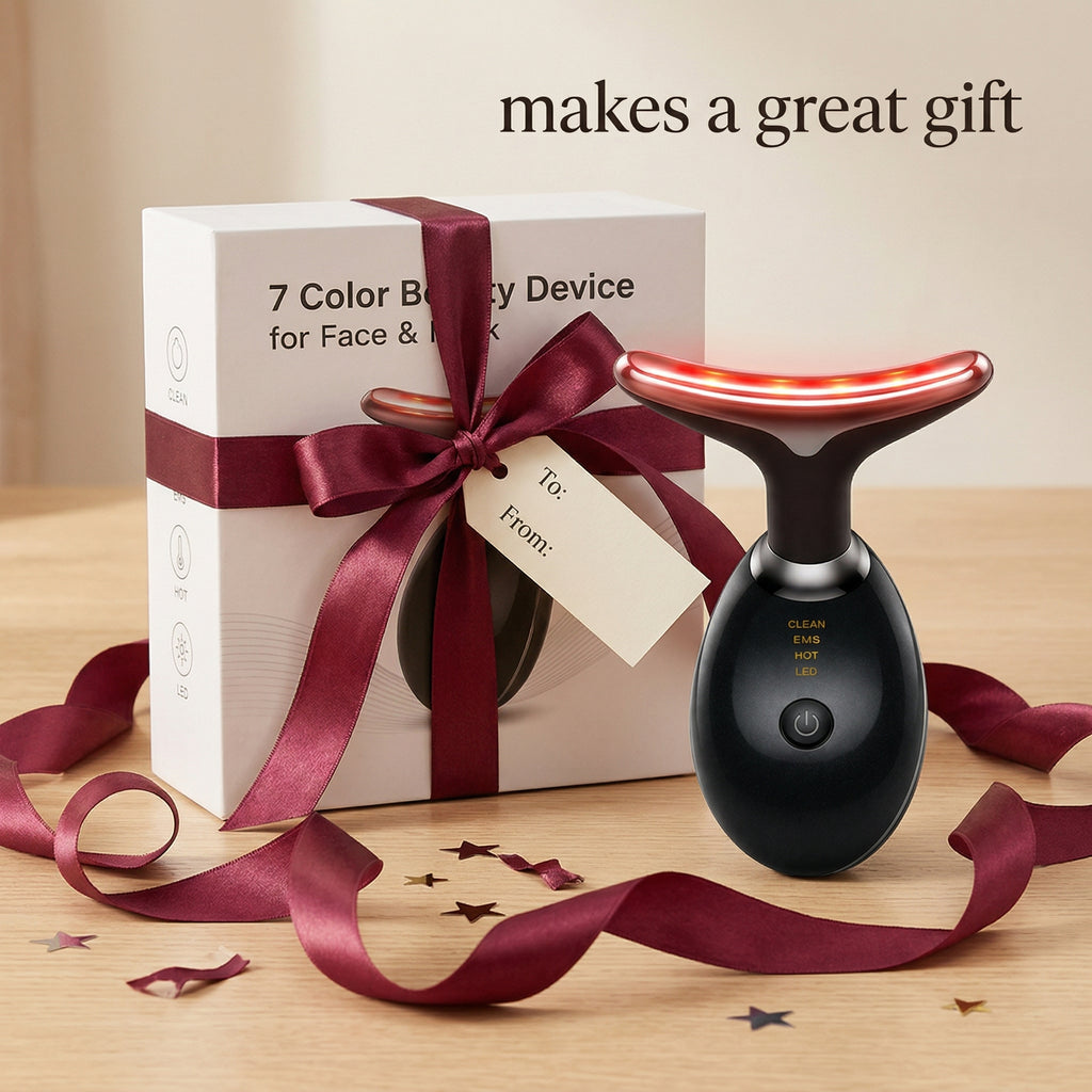 Beauty device with a gift box and red ribbon on a wooden surface, text 'makes a great gift'.