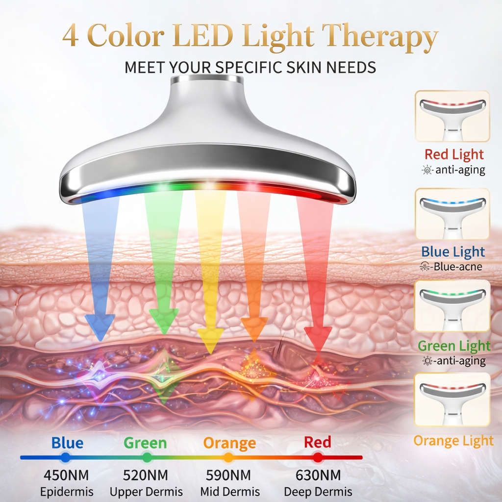 LED light therapy device with color spectrum and skin layer diagram