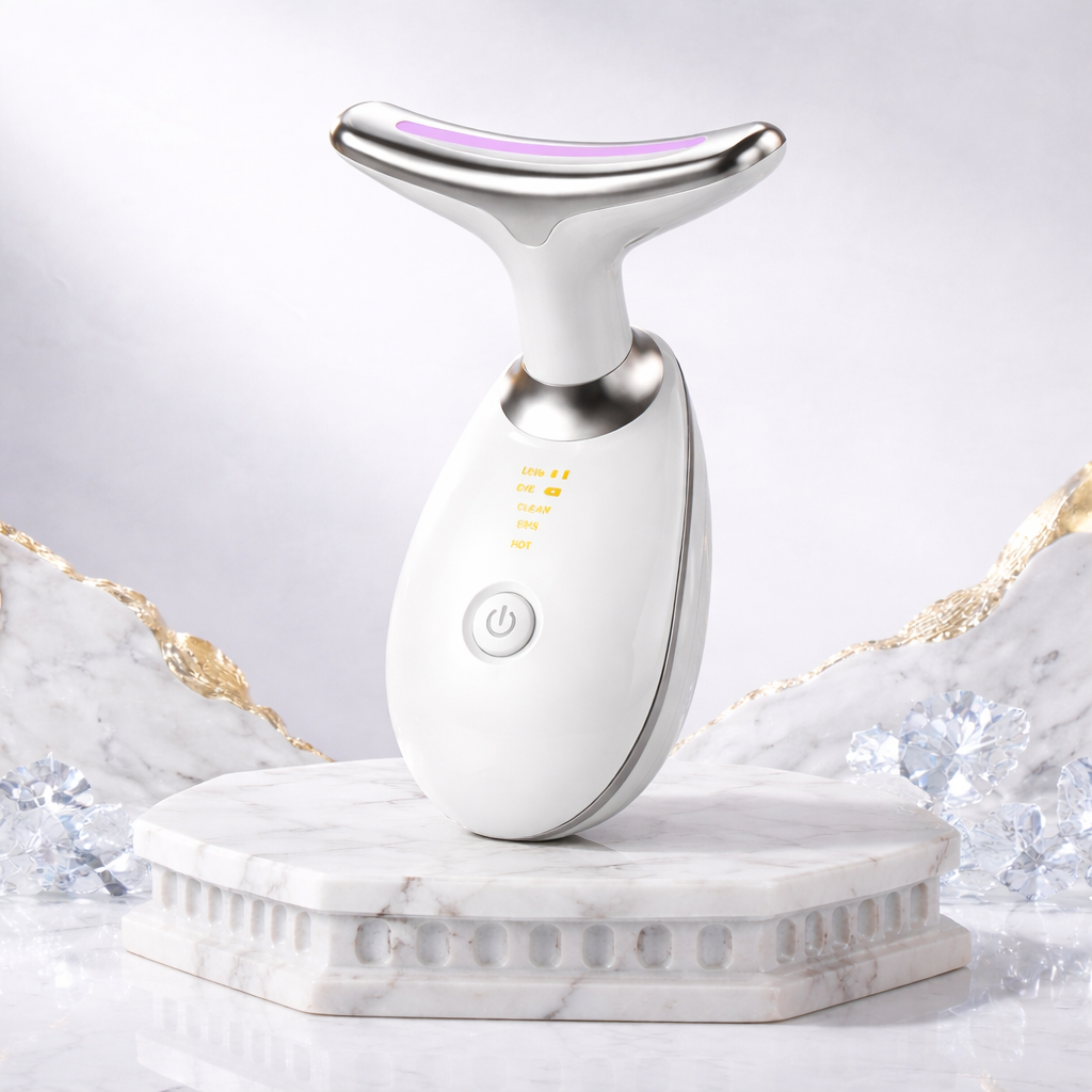 White electronic device on a marble base with a light gray background