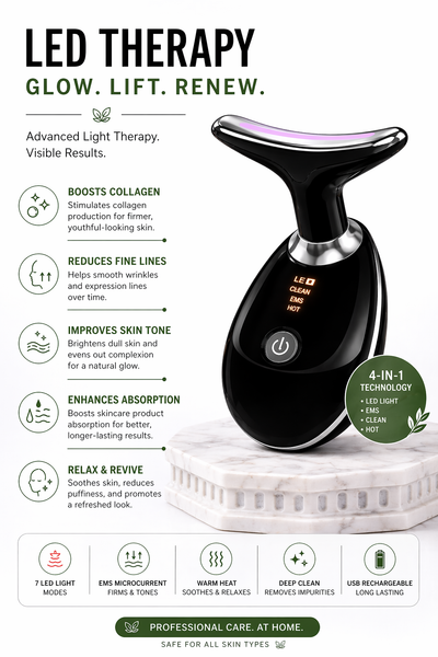 LED therapy device with features listed on a white background