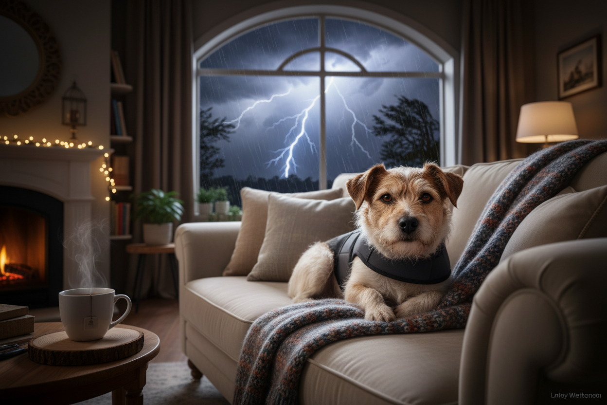 Happy dog in calming vest during storm