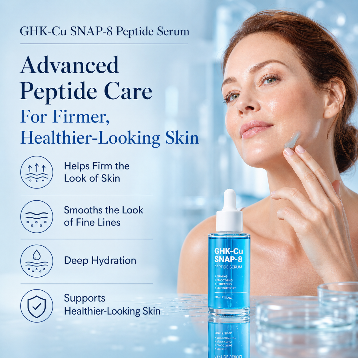 Woman applying GHK-Cu SNAP-8 Peptide Serum with product and benefits listed on a blue background