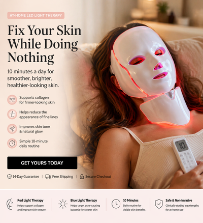 Person wearing a LED light therapy mask with text about skin benefits and product details.