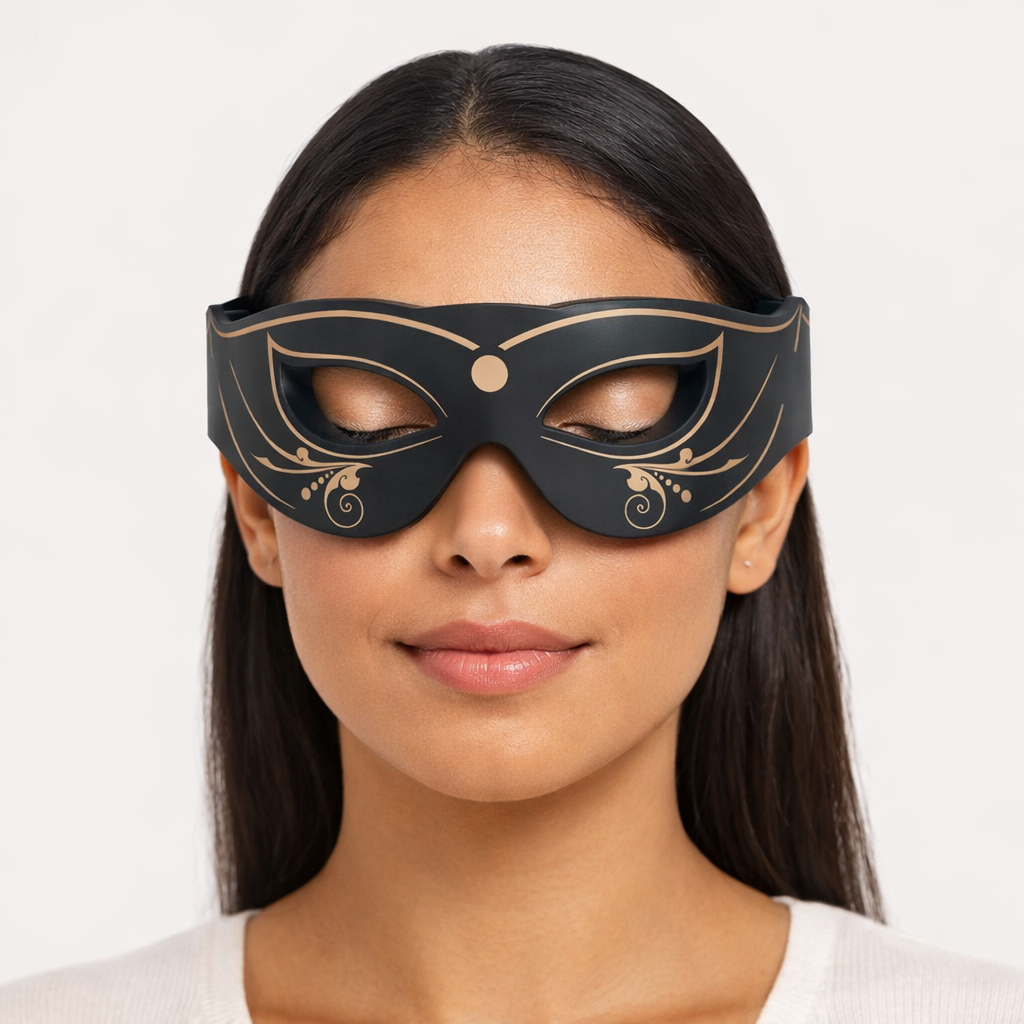 Woman wearing a black decorative mask on a plain background