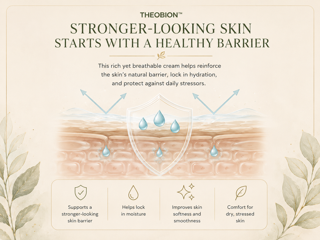 Theobion Stronger-Looking Skin Starts With a Healthy Barrier infographic on a warm cream background, featuring text, a skin barrier illustration with water droplets, and four benefit callouts.
