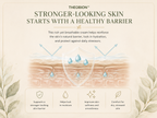 Theobion Stronger-Looking Skin Starts With a Healthy Barrier infographic on a warm cream background, featuring text, a skin barrier illustration with water droplets, and four benefit callouts.